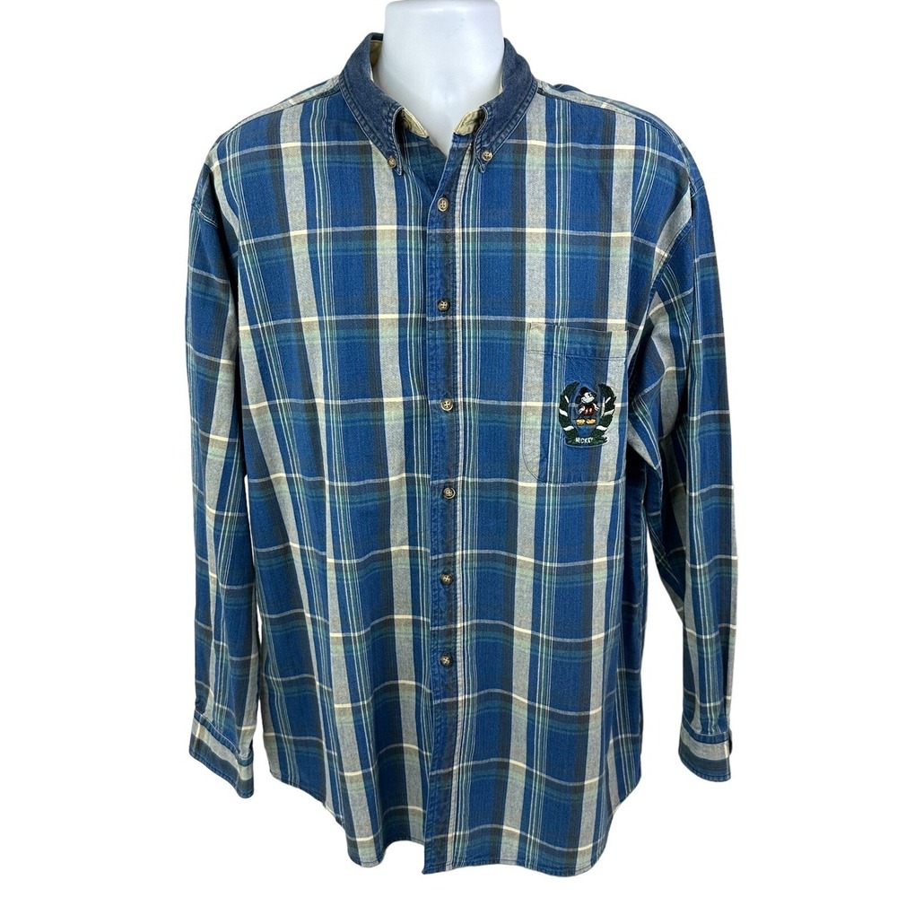 VINTAGE Disney Mickey INC Shirt Mens XL Blue Plaid Denim Collar L/S Button Up
